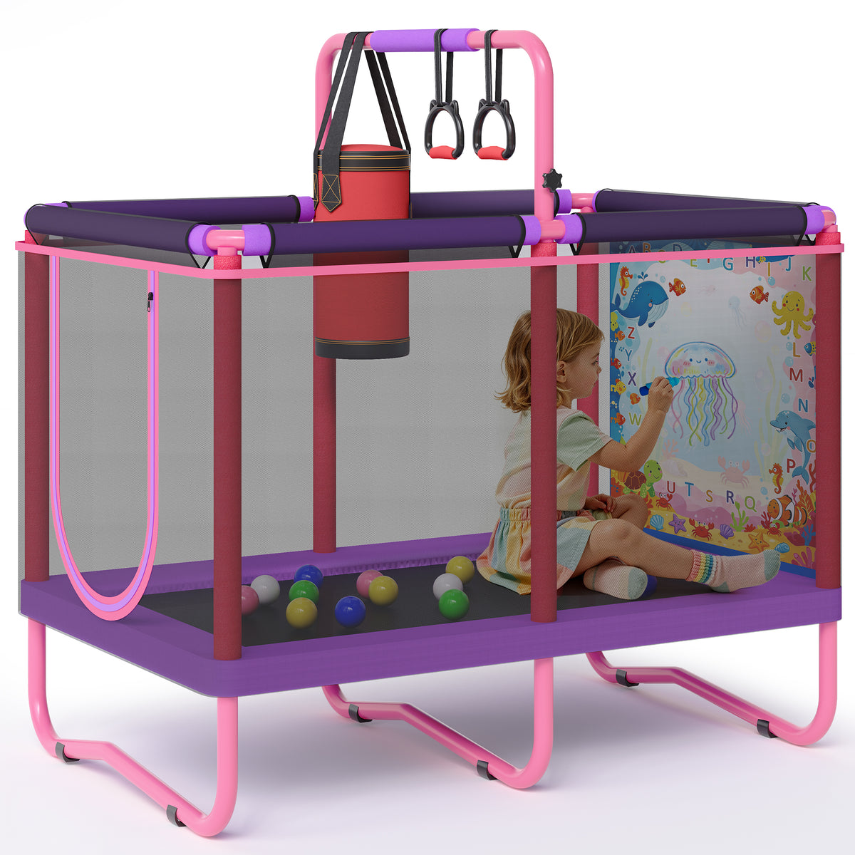 55'' Kids Trampoline, SEGMART Indoor Trampoline with Enclosure Net, Outdoor Mini Small Trampoline with Water Drawing Mat, Birthday Gifts for Boys and Girls Age 3+, 220LBS Capacity