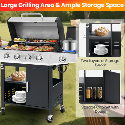 Segmart 4 Burner BBQ Propane Gas Grill with Side Burner, Stainless Steel 50,000 BTU Patio Barbecue Grill with Shelf, Gas Tank Hook, Towel Rack & Bottle Opener, Fits for Camping, Outdoor Cooking