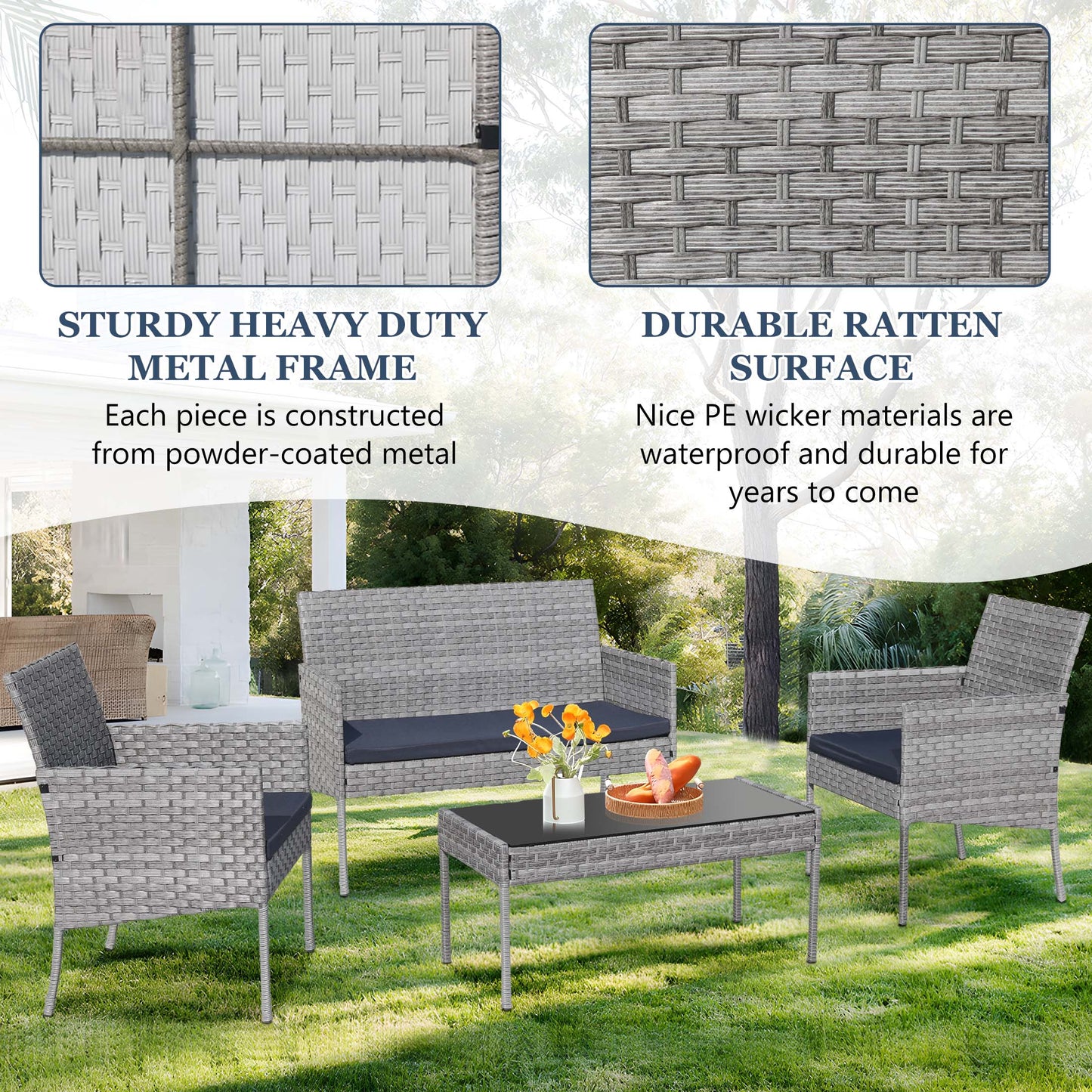 4 Pieces Outdoor Wicker Conversation Set, All-Weather Rattan Patio Furniture Sets with Arm Chairs, Tempered Glass Table and Cushions, Sectional Sofa Set for Backyard, Garden, Poolside