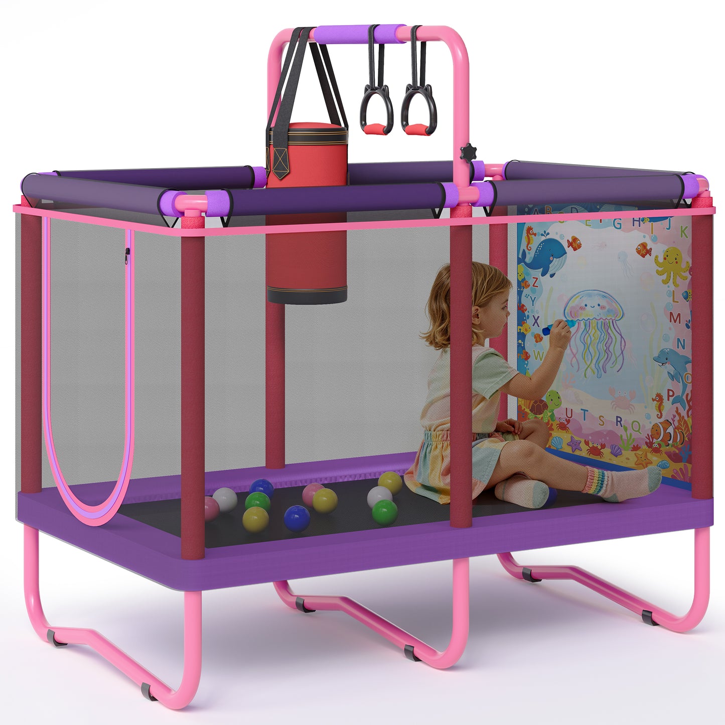 55'' Toddler Trampoline for Kids, SEGMART Kids Trampoline with Enclosure Net, Indoor Outdoor Mini Small Trampoline with Water Drawing Mat, Birthday Gifts for Boys and Girls Age 3+, 220LBS Capacity