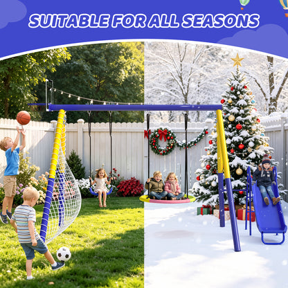 Metal Swing Sets for Backyard with 3 Seats, SEGMART Heavy Duty Kids Swingset with Slide, Saucer Swing, Belt Swing, Basketball Hoop, Soccer Net, Playground Sets for Backyards, 440 LBS Weight Capacity