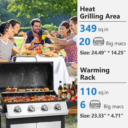 SEGMART 4 Burner BBQ Propane Gas Grill, Stainless Steel 34,200 BTU Patio Garden Barbecue Grill with Side Table & Thermometer, Perfect for Camping, Outdoor Cooking