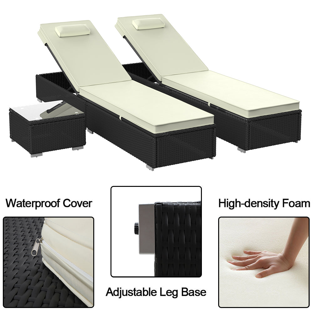 3 Piece Patio Chaise Lounge Chair Set, Rattan Chaise Lounges with Table, Sun Chaise Lounge Furniture Set with Removable Cushion, Tanning Lounge Chair with 6 Adjustable Positions for Pool Deck