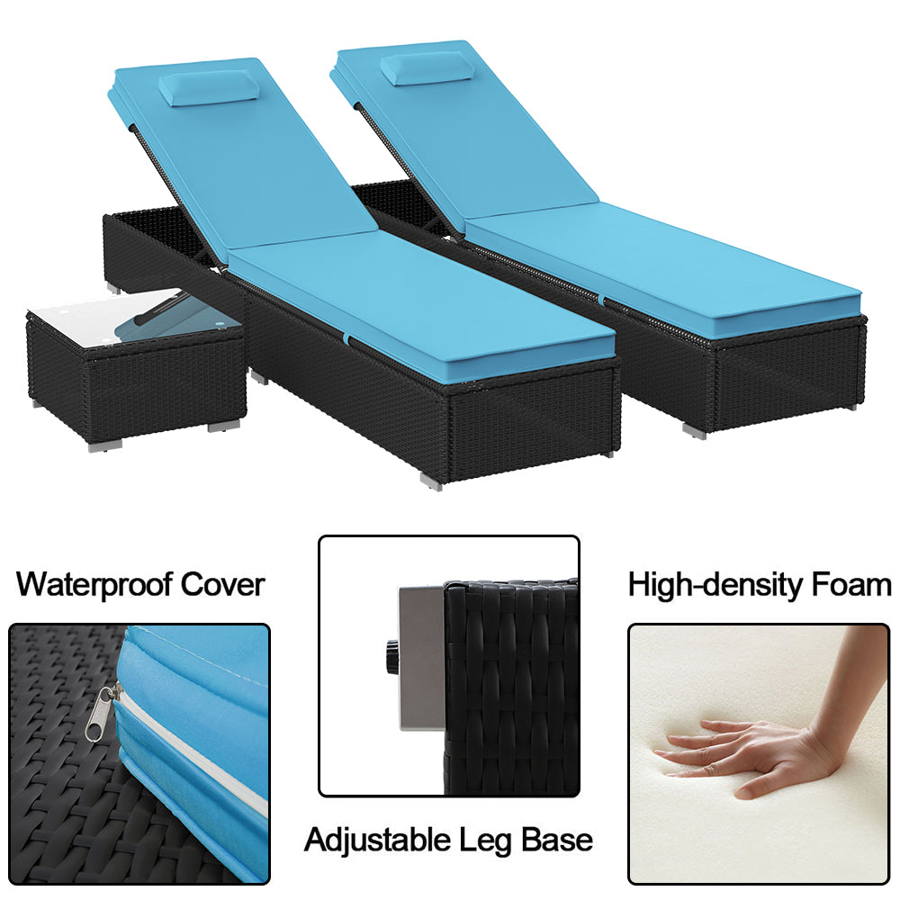 3 Piece Patio Chaise Lounge Chair Set, Rattan Chaise Lounges with Table, Sun Chaise Lounge Furniture Set with Removable Cushion, Tanning Lounge Chair with 6 Adjustable Positions for Pool Deck