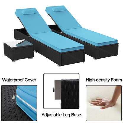 3 Piece Patio Chaise Lounge Chair Set, Rattan Chaise Lounges with Table, Sun Chaise Lounge Furniture Set with Removable Cushion, Tanning Lounge Chair with 6 Adjustable Positions for Pool Deck