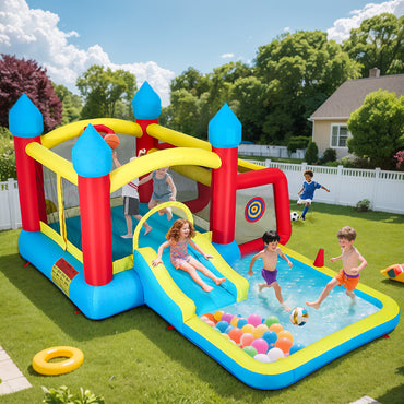 Inflatable Bounce House with Slide for Kids, 6 in 1 Inflatable Bouncer with Ball Holder, Basketball Rim, Ring Toss, Kids Jumper Bounce House with Ball Pool, Jumping Castle with Carrying Bag