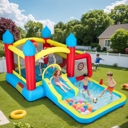 Inflatable Bounce House with Slide for Kids, 6 in 1 Inflatable Bouncer with Ball Holder, Basketball Rim, Ring Toss, Kids Jumper Bounce House with Ball Pool, Jumping Castle with Carrying Bag
