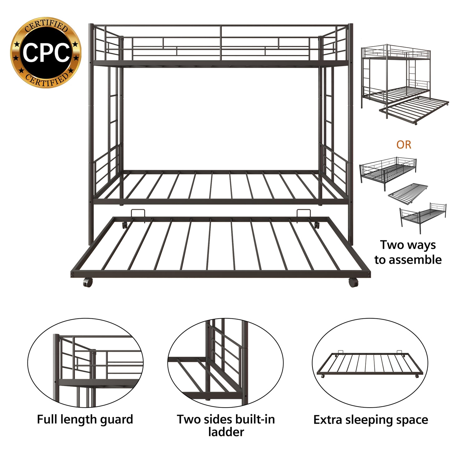 Twin Over Twin Bunk Bed with Trundle, Metal Space-Saving Design For Young Teens and Adults, Easy Assembly