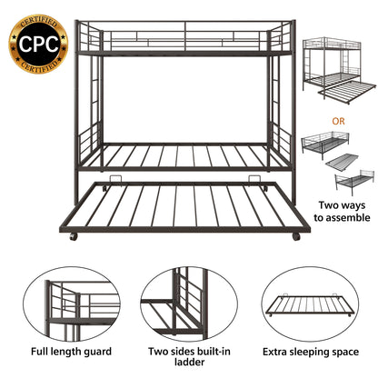 Twin Over Twin Bunk Bed with Trundle, Metal Space-Saving Design For Young Teens and Adults, Easy Assembly