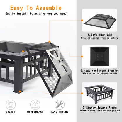 SEGMART Outdoor Fire Pit, 32" Square Metal Fire Pit Table with Spark Screen & Log Poker, Stove Wood Burning Fire Pit Bowl, Ideal for Yard Patio Beach Picnic Bonfire