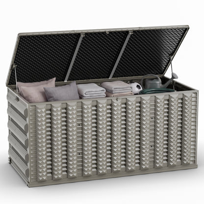 180 Gallon Resin Deck Box, Outdoor Lockable Storage Container for Patio Cushions, Garden Tools, Pool Supplies, Toys, Water Resistant and UV Resistant, Reinforced Rib Design, Built-in Wheels, Gray