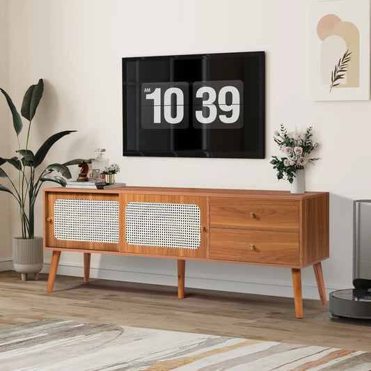 Segmart TV Stand for 65-Inch TV, Bohemian Entertainment Center TV Console Table with Rattan Sliding Doors and 2 Drawers, 2 Storage Shelves, Modern Rattan TV Console for Living Room, Walnut