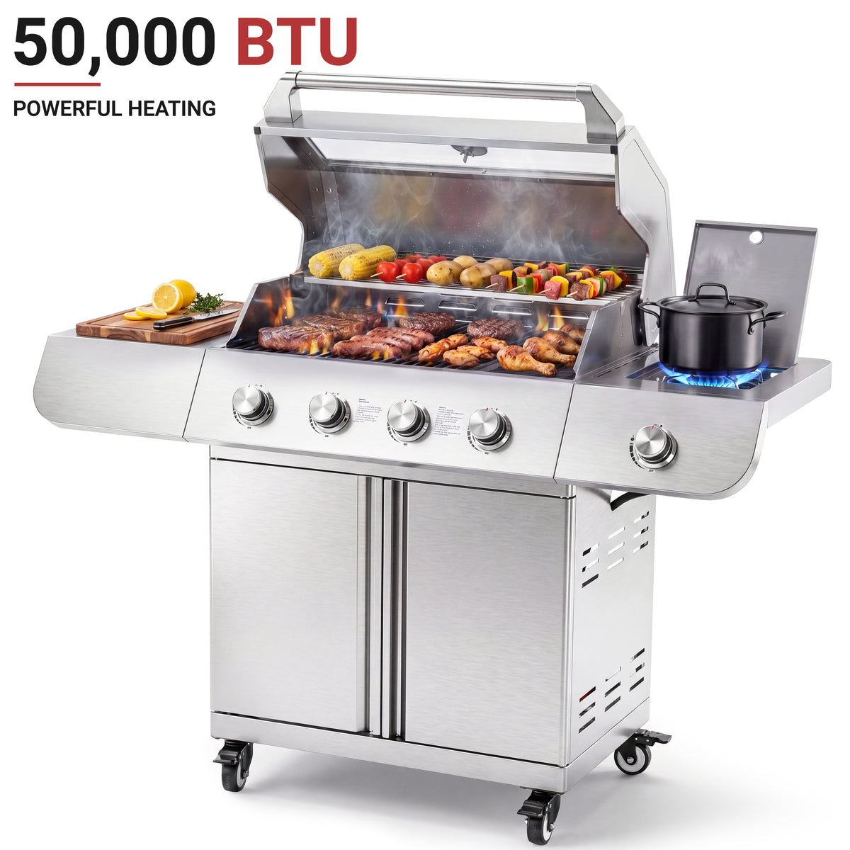 4-Burner Gas Grill and Griddle Combo with Side Burner, 50,000 BTU Propane BBQ Grill with Porcelain-Enameled Cast Iron Grates, Built-in Thermometer, Ideal for Patio Camping Outdoor Cooking