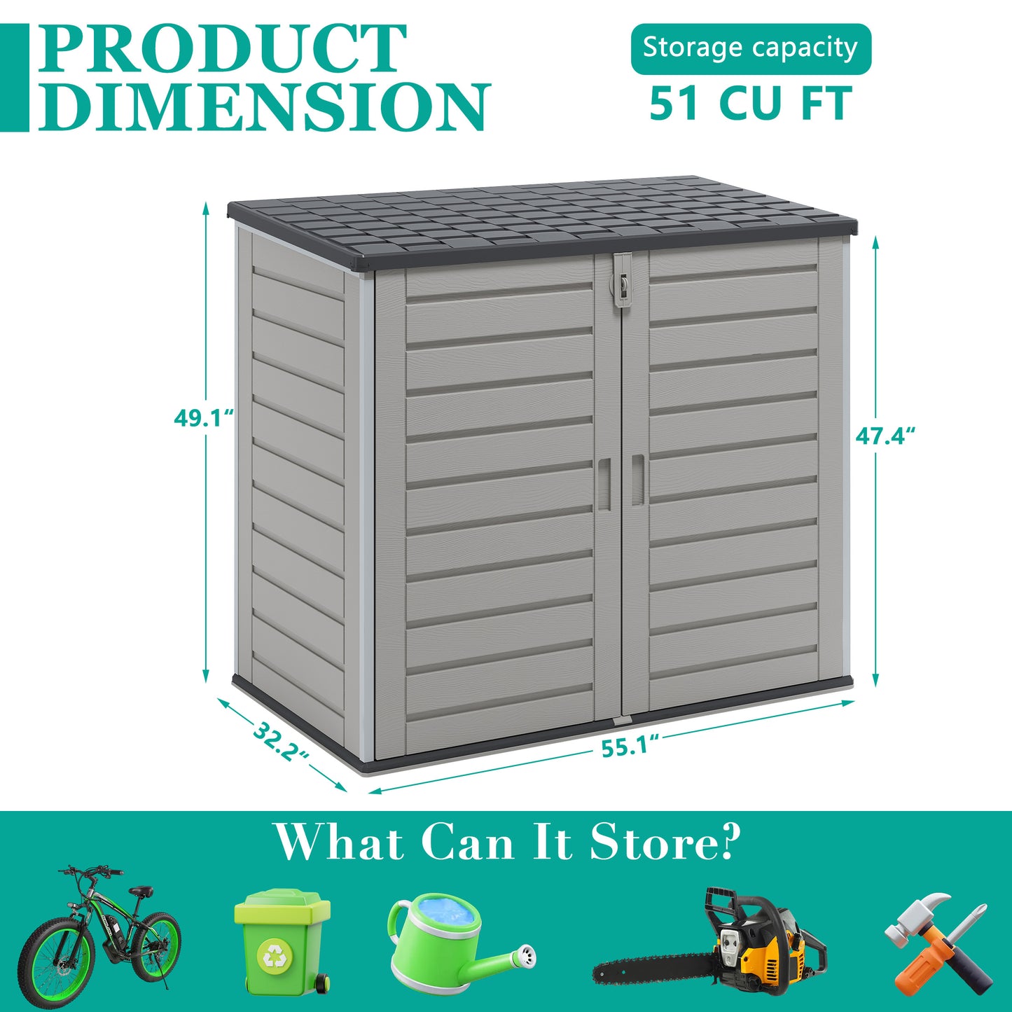 Resin Outdoor Storage Shed, 51 Cu Ft Waterproof Storage Box, Multi-Purpose Storage Cabinet for Garden Accessories, Bikes, Carbage, Lockable, Hinged Lid - Gray