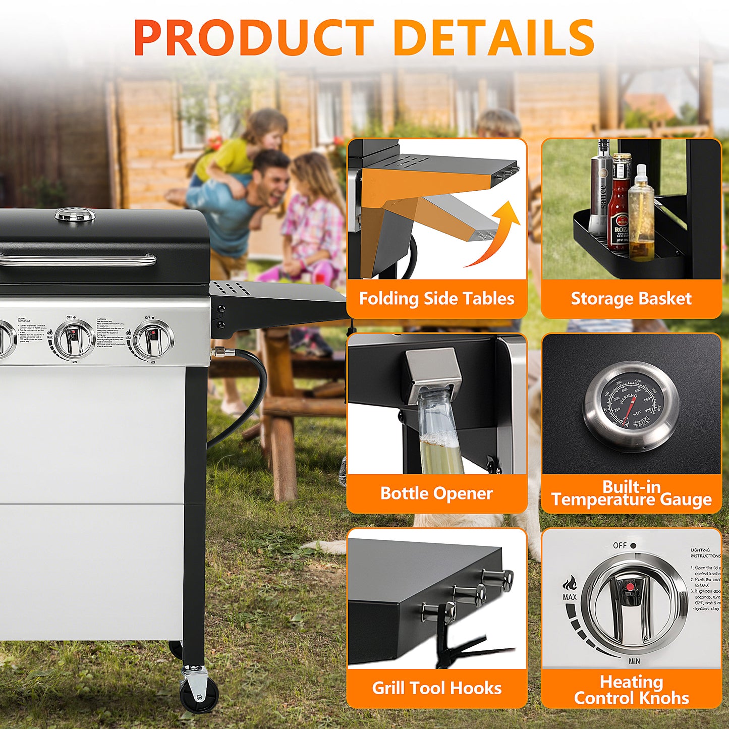 Segmart 3 Burner BBQ Propane Gas Grill, Stainless Steel 25,650 BTU Patio Garden Barbecue Grill with Folding Side Tables, Hanging Basket & Thermometer, Perfect for Camping, Outdoor Cooking