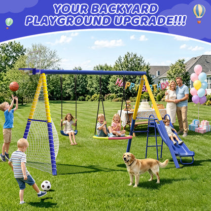 Metal Swing Sets for Backyard with 3 Seats, SEGMART Heavy Duty Kids Swingset with Slide, Saucer Swing, Belt Swing, Basketball Hoop, Soccer Net, Playground Sets for Backyards, 440 LBS Weight Capacity