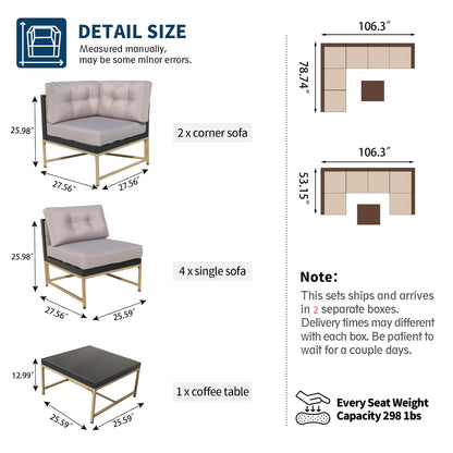 Patio Outdoor Furniture Sets, 7 Pieces All-Weather Rattan Sectional Sofa with Tea Table and Cushions, PE Rattan Wicker Sofa Couch Conversation Set for Garden Backyard Poolside