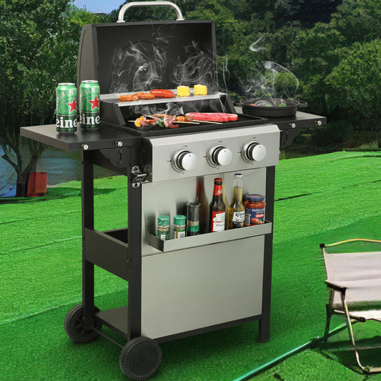 Segmart 3 Burner BBQ Propane Gas Grill, Stainless Steel 25,650 BTU Patio Garden Barbecue Grill with Folding Side Tables, Hanging Basket & Thermometer, Perfect for Camping, Outdoor Cooking