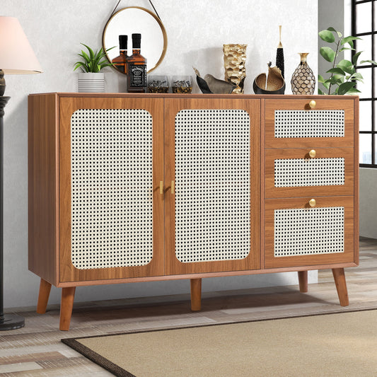 Segmart Storage Cabinet, Rattan Buffet Sideboard Cabinet with Storage, Bohemian Style Console Table with 2 Doors and 3 Drawers, Adjustable Shelf, Solid Wood Legs for Kitchen Entryway, Walnut