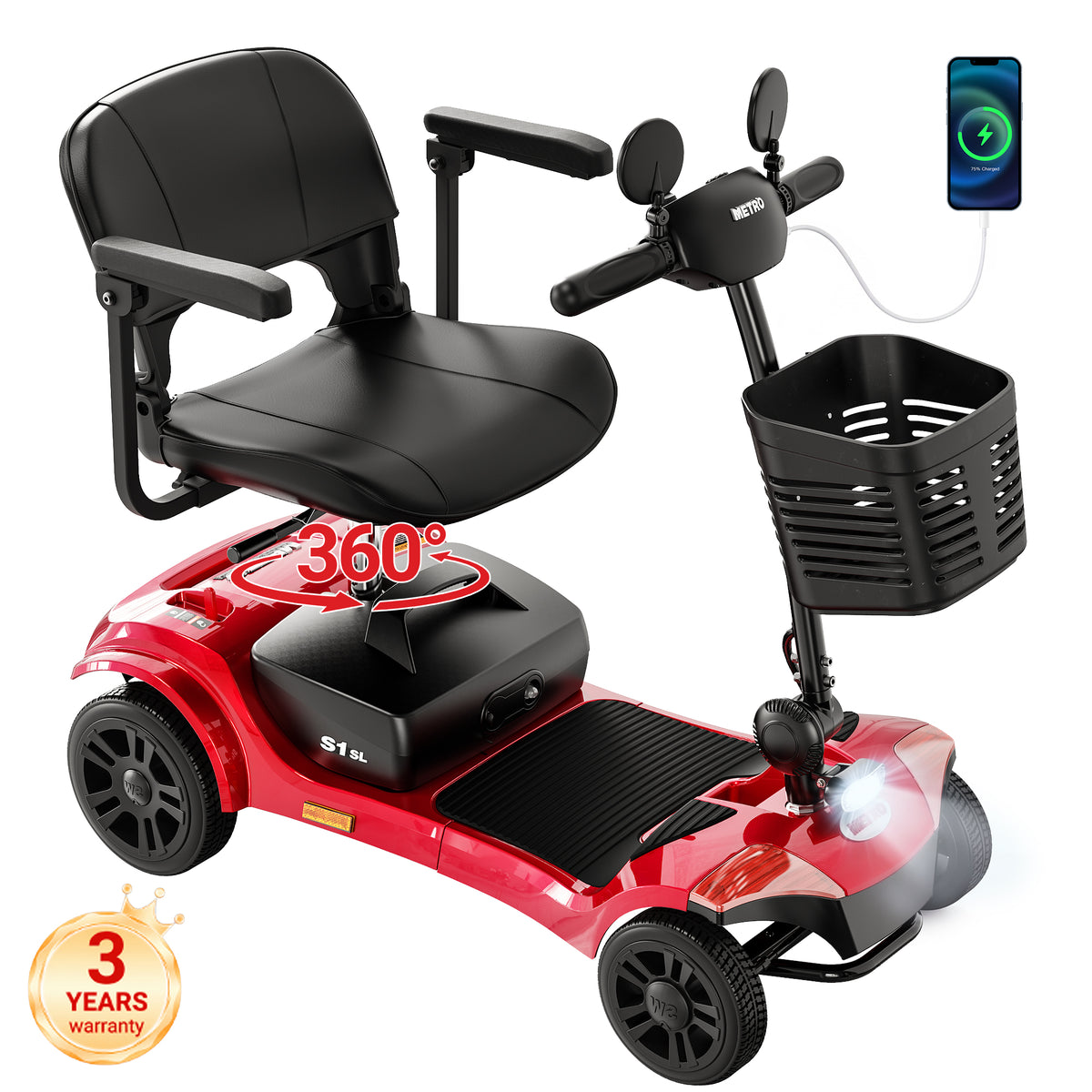 Mobility Scooter for Seniors, Segmart 4-Wheel Electric Mobility Scooter with 360° Swivel Seat, Anti-Tip Wheels, Detachable Battery, USB, LED Light, 300 lb Capacity, Red