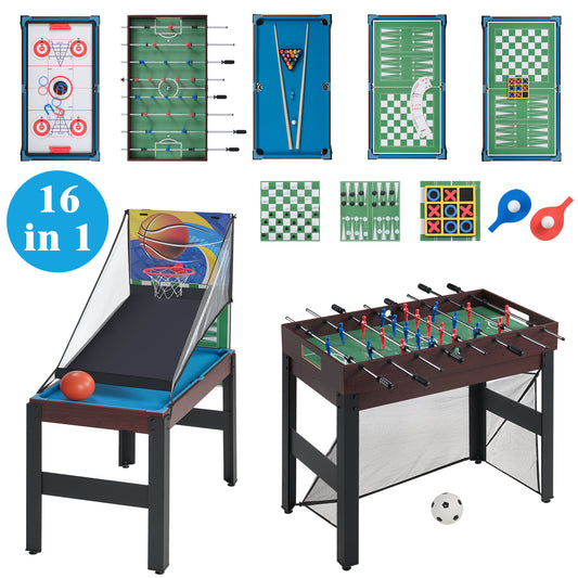 48'' 16 in 1 Multi Game Table, Combo Game Table Set for Game Room, Multifunctional Game Table with Bow, Arrow, Basketball, Football, Hockey, Foosball, Shuffleboard, Ping Pong, Chess, Checkers, Bowling