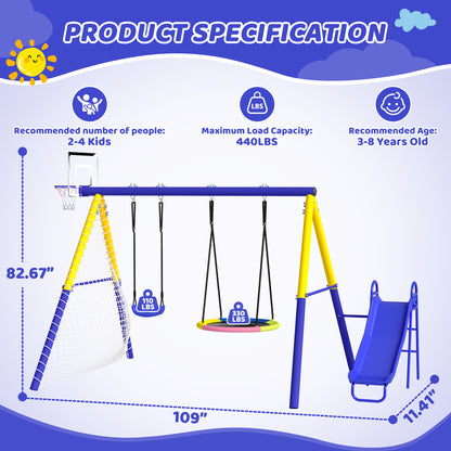 Metal Swing Sets for Backyard with 3 Seats, SEGMART Heavy Duty Kids Swingset with Slide, Saucer Swing, Belt Swing, Basketball Hoop, Soccer Net, Playground Sets for Backyards, 440 LBS Weight Capacity