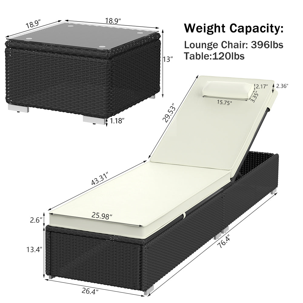 3 Piece Patio Chaise Lounge Chair Set, Rattan Chaise Lounges with Table, Sun Chaise Lounge Furniture Set with Removable Cushion, Tanning Lounge Chair with 6 Adjustable Positions for Pool Deck