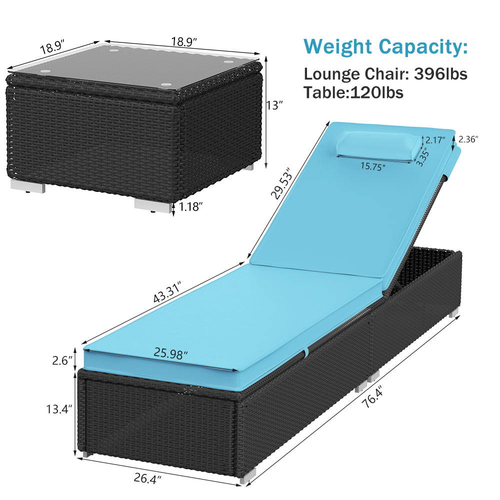 3 Piece Patio Chaise Lounge Chair Set, Rattan Chaise Lounges with Table, Sun Chaise Lounge Furniture Set with Removable Cushion, Tanning Lounge Chair with 6 Adjustable Positions for Pool Deck