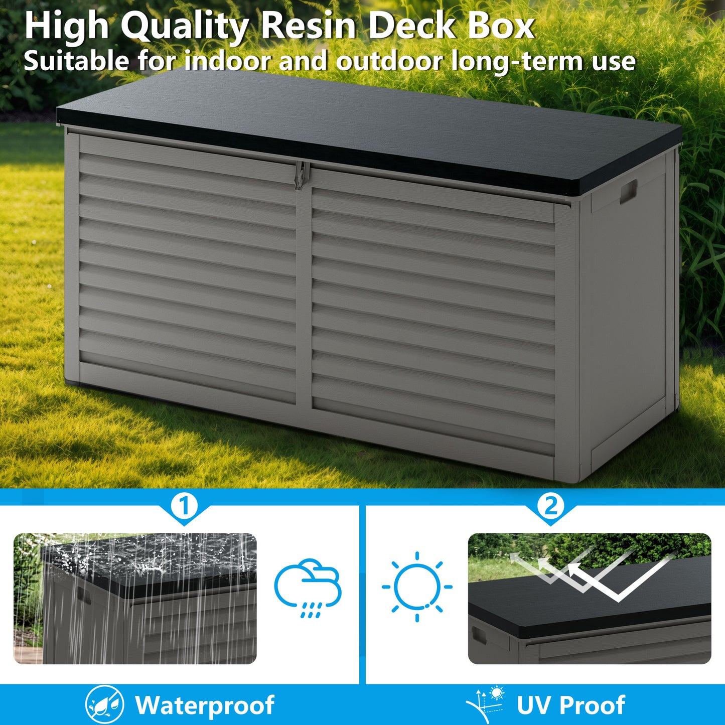 130 Gallon Resin Deck Box, Outdoor Lockable Storage Container for Patio Cushions, Garden Tools, Pool Supplies, Toys, Waterproof and UV Resistant, Gray