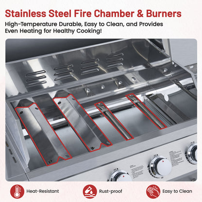 4-Burner Gas Grill and Griddle Combo with Side Burner, 50,000 BTU Propane BBQ Grill with Porcelain-Enameled Cast Iron Grates, Built-in Thermometer, Ideal for Patio Camping Outdoor Cooking