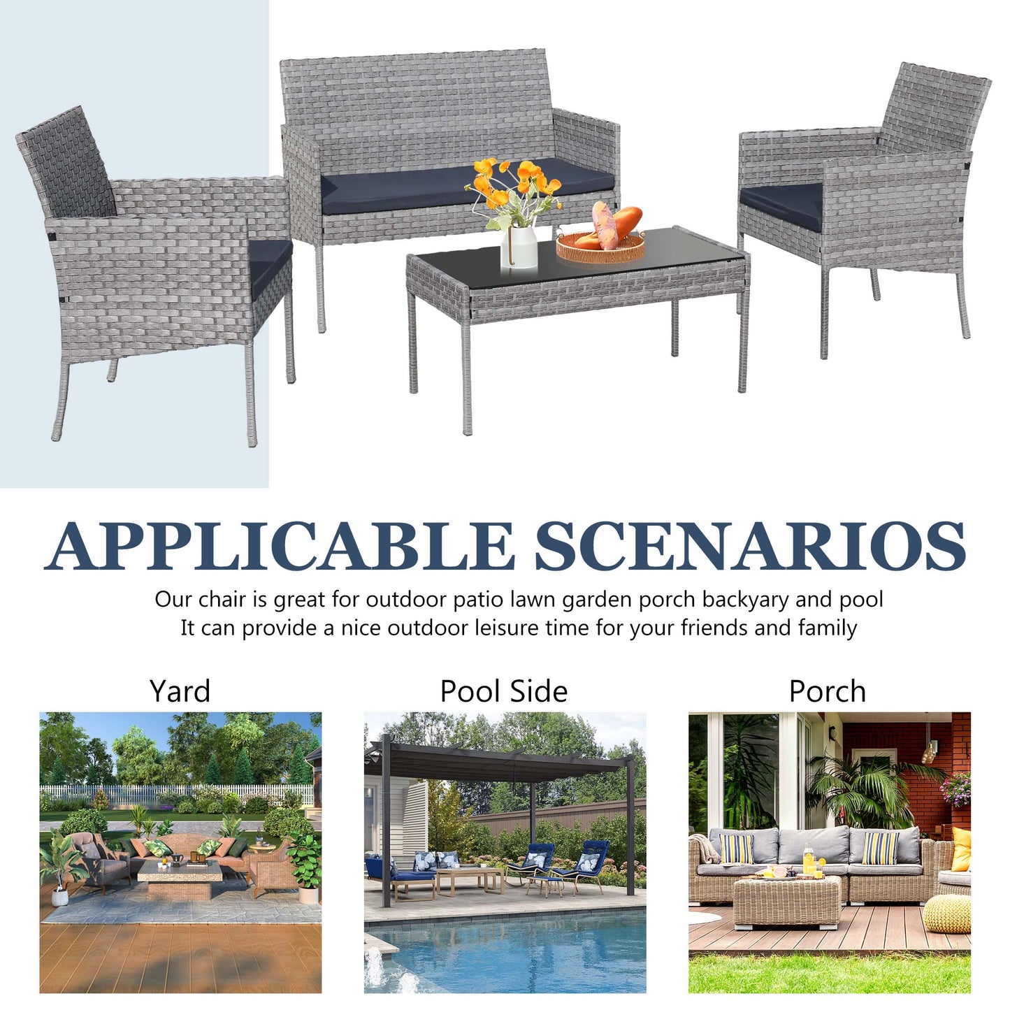 4 Pieces Outdoor Wicker Conversation Set, All-Weather Rattan Patio Furniture Sets with Arm Chairs, Tempered Glass Table and Cushions, Sectional Sofa Set for Backyard, Garden, Poolside