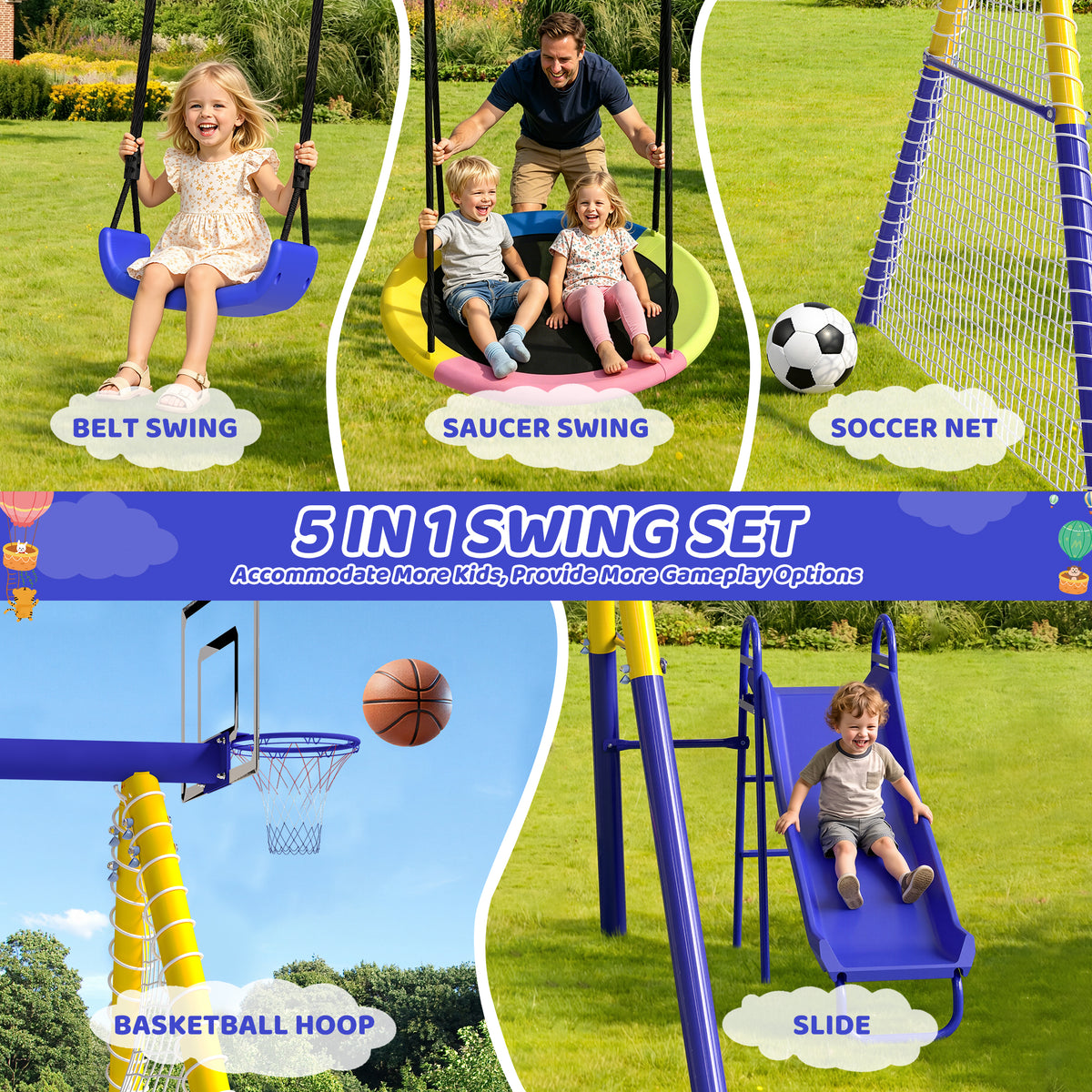 Metal Swing Sets for Backyard with 3 Seats, SEGMART Heavy Duty Kids Swingset with Slide, Saucer Swing, Belt Swing, Basketball Hoop, Soccer Net, Playground Sets for Backyards, 440 LBS Weight Capacity