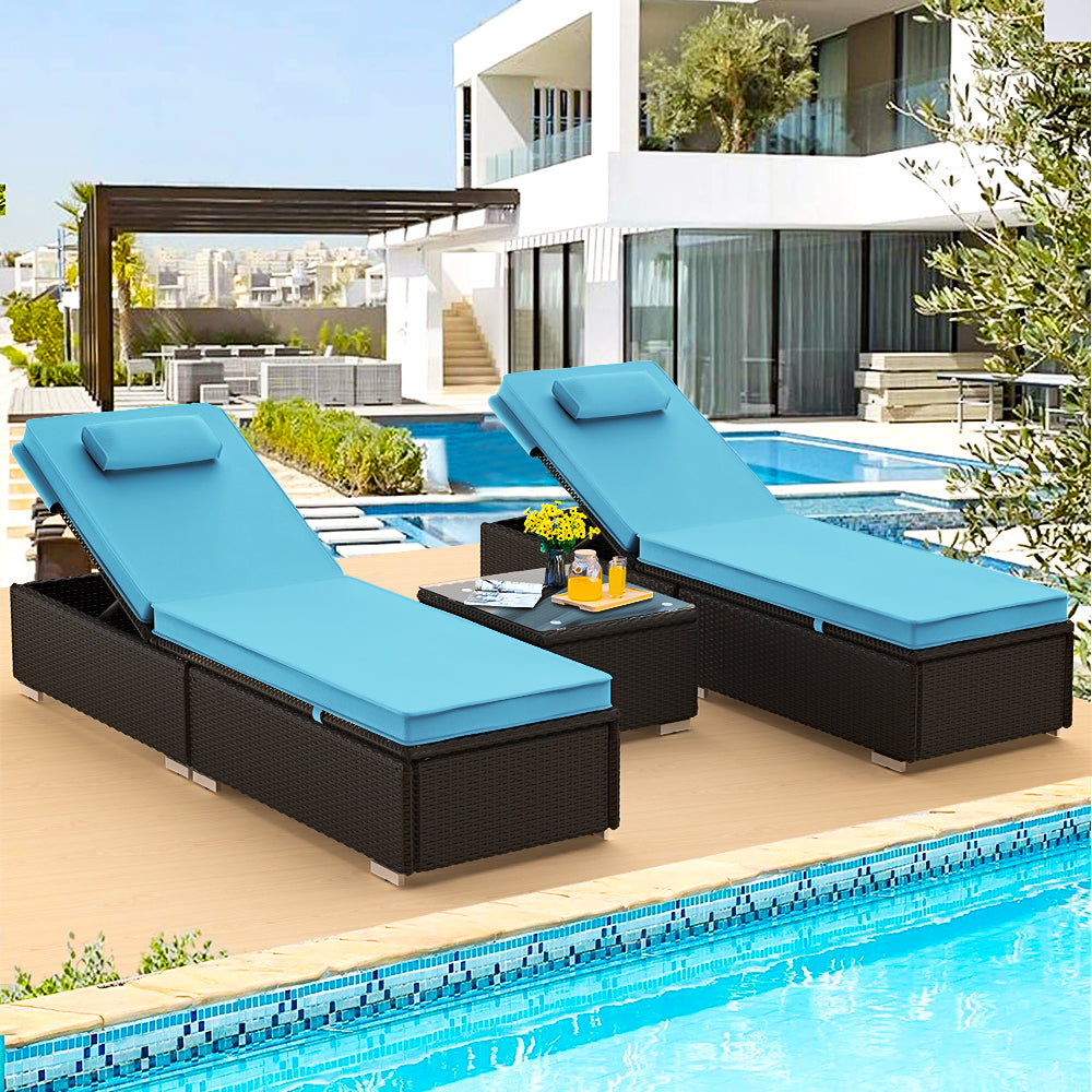 3 Piece Patio Chaise Lounge Chair Set, Rattan Chaise Lounges with Table, Sun Chaise Lounge Furniture Set with Removable Cushion, Tanning Lounge Chair with 6 Adjustable Positions for Pool Deck