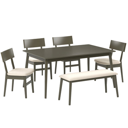 SEGMART Wood Dining Table and Chair Set of 6, Dining Room Set for 6 Persons with Bench, Rectangular Kitchen Table with 4 Microfiber Padded Chair Plus One Upholstered Bench, Farmhouse Kitchen Table Set