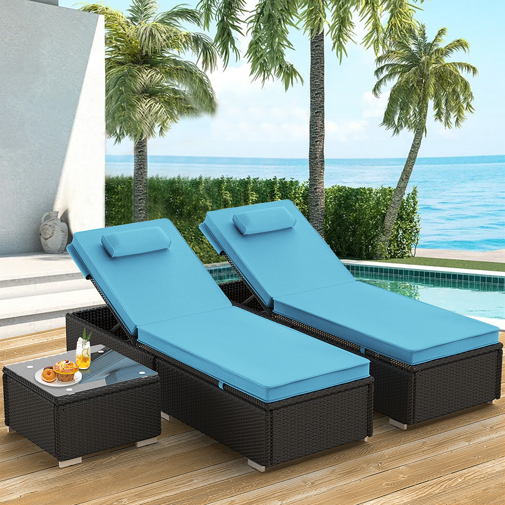 3 Piece Patio Chaise Lounge Chair Set, Rattan Chaise Lounges with Table, Sun Chaise Lounge Furniture Set with Removable Cushion, Tanning Lounge Chair with 6 Adjustable Positions for Pool Deck