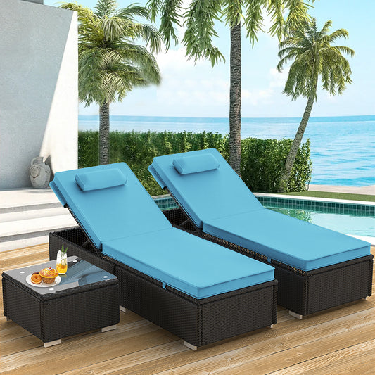 3 Piece Patio Chaise Lounge Chair Set, Rattan Chaise Lounges with Table, Sun Chaise Lounge Furniture Set with Removable Cushion, Tanning Lounge Chair with 6 Adjustable Positions for Pool Deck