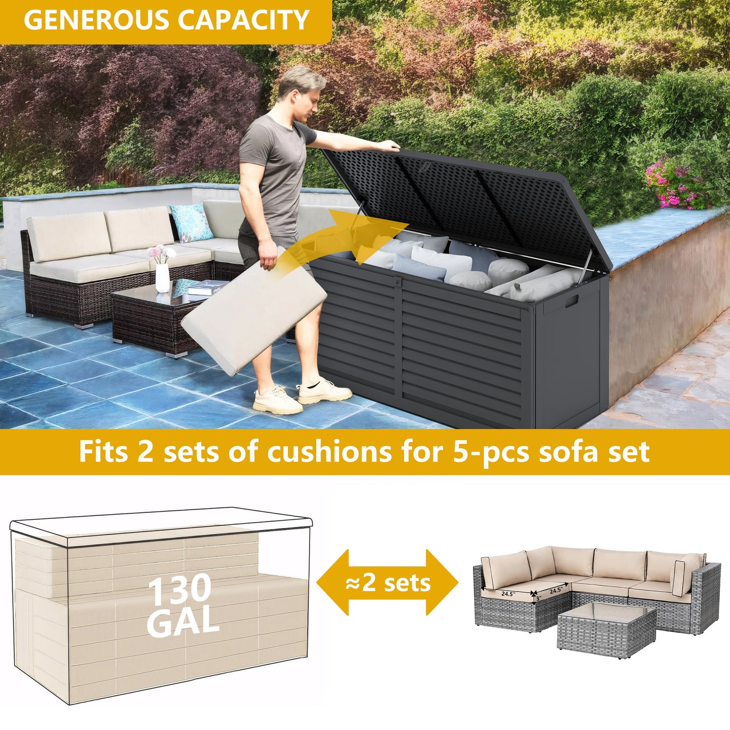 130 Gallon Outdoor Storage Box, Multi-function Deck Box for Organization & Storage, And As a Bench, Waterproof Outdoor Storage Container for Patio Cushions, Gardening Tools, Pool Supplies