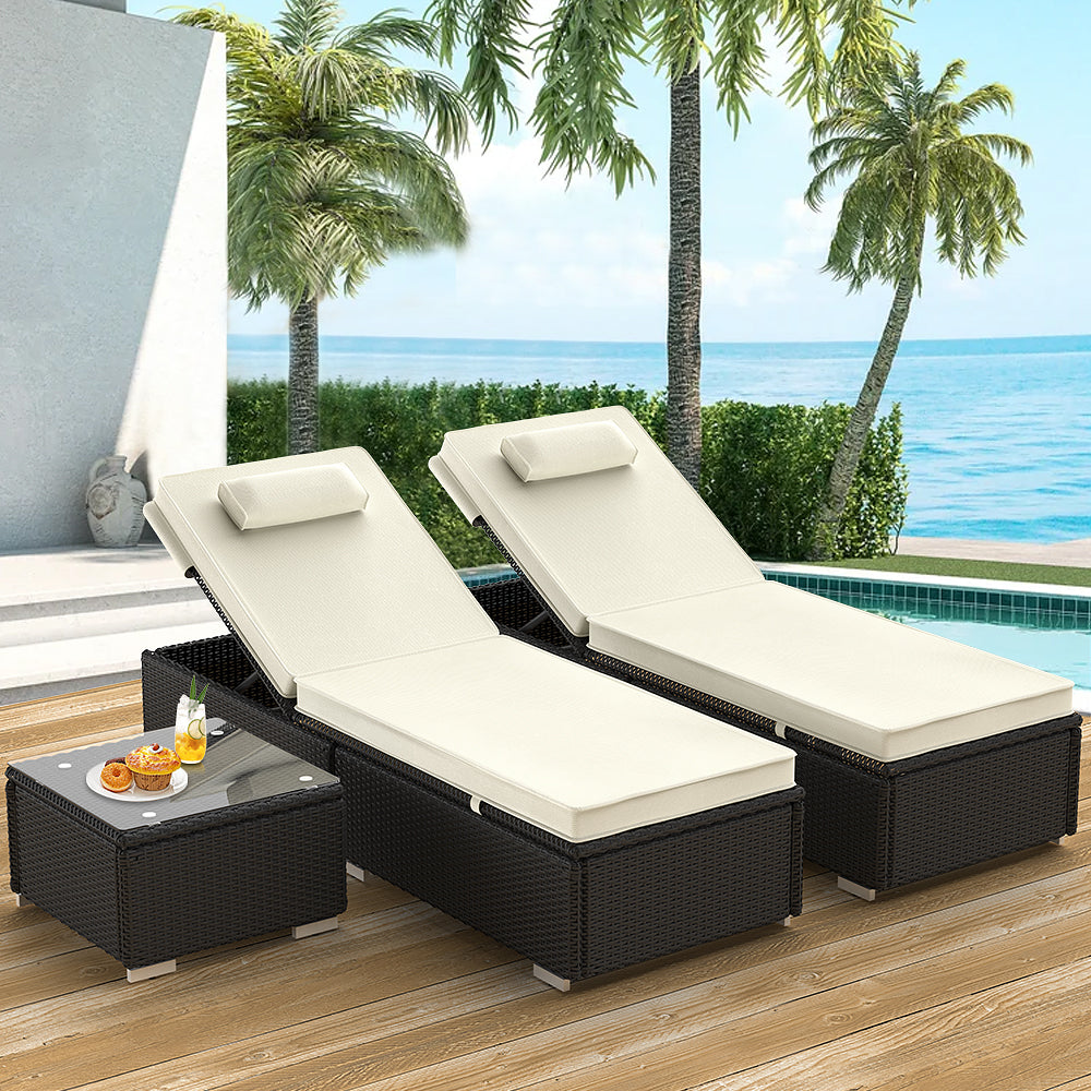3 Piece Patio Chaise Lounge Chair Set, Rattan Chaise Lounges with Table, Sun Chaise Lounge Furniture Set with Removable Cushion, Tanning Lounge Chair with 6 Adjustable Positions for Pool Deck