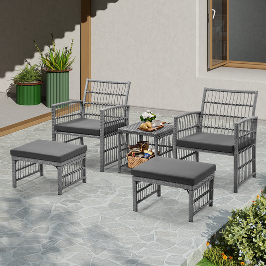 Outdoor Conversation Set of 5, Outdoor Patio Chair and Footstool Set with Cushions & 2-Tier Tea Table, All Weather Wicker Patio Furniture Set, Ideal for Patio Poolside Yard Deck Coffee Bar
