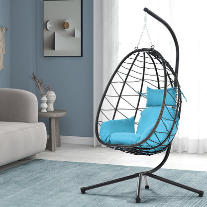 Clearance! Hanging Wicker Egg Chair, Outdoor Patio Hanging Chairs with Stand, UV Resistant Hammock Chair with Comfortable Red Cushion, Durable Indoor Swing Egg Chair for Garden, Backyard, L3952