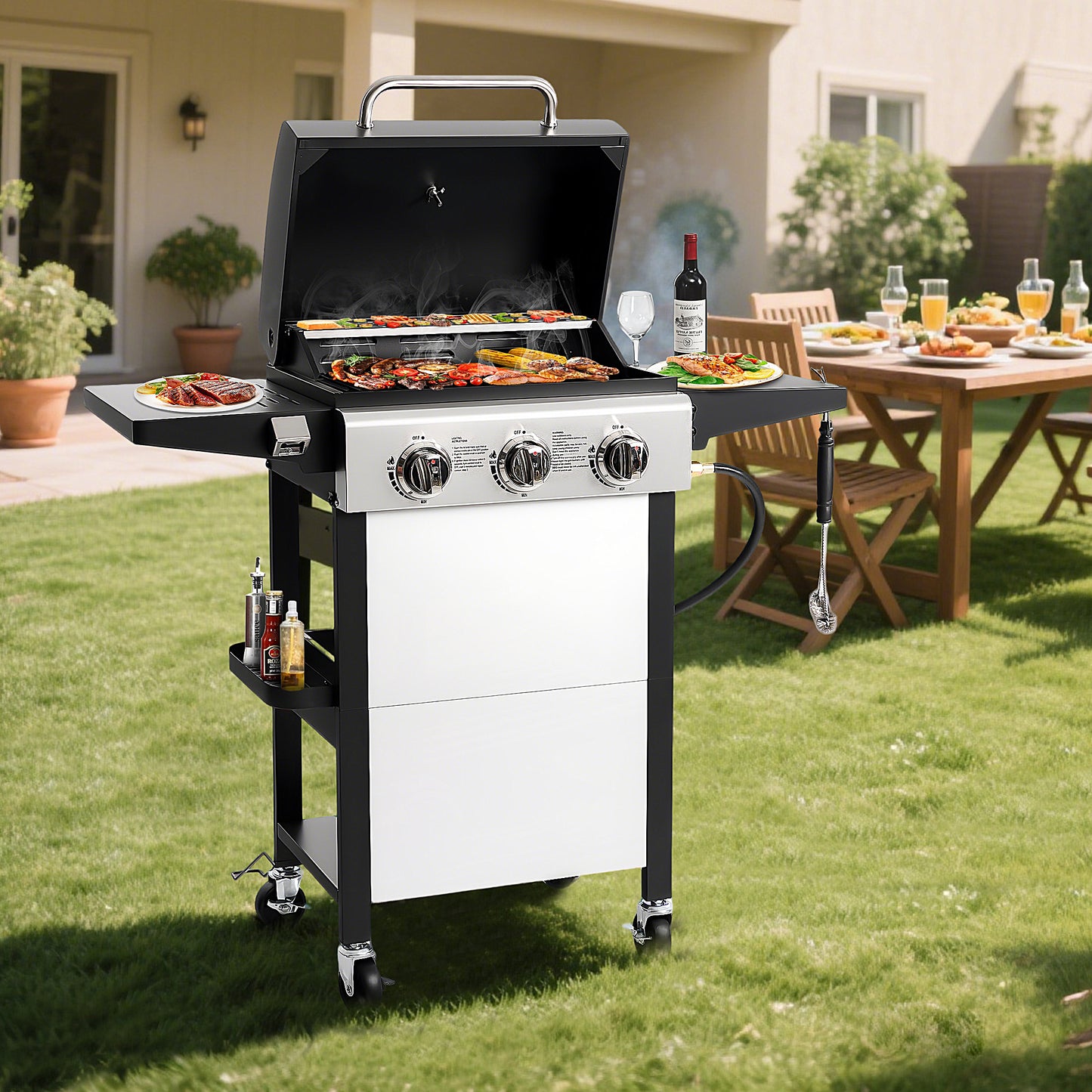 Segmart 3 Burner BBQ Propane Gas Grill, Stainless Steel 25,650 BTU Patio Garden Barbecue Grill with Folding Side Tables, Hanging Basket & Thermometer, Perfect for Camping, Outdoor Cooking