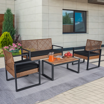 Segmart Patio Furniture Set, Rattan Wicker Chairs Set w/Table for 4, All-weather Conversation Set with Bold Steel Frame Black, Outdoor Furniture for Garden Lawn Backyard