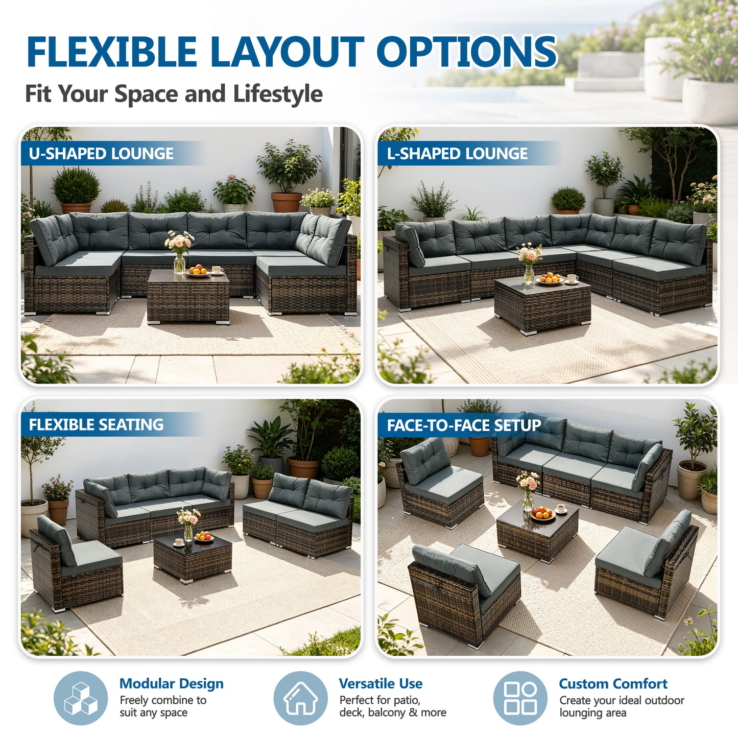 7 Piece Rattan Sectional Sofa Set, Outdoor Conversation Set, All-Weather Wicker Sectional Seating Group with Cushions & Coffee Table, Modern Furniture Couch Set for Patio Deck Garden Pool