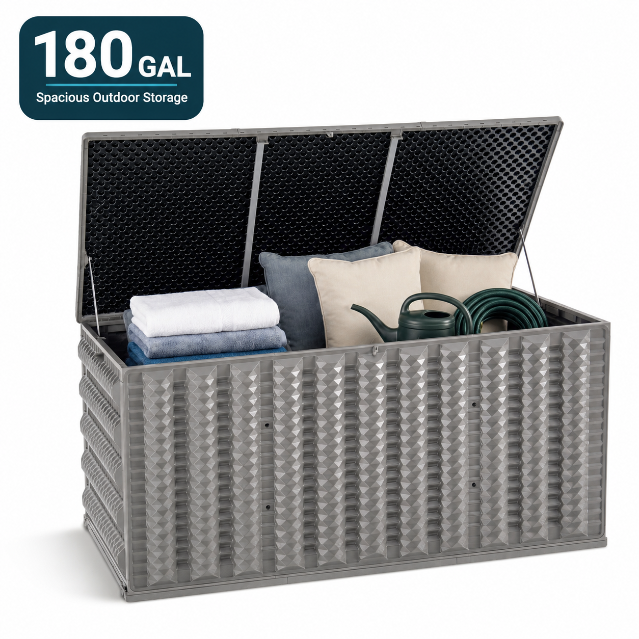 180 Gallon Resin Deck Box, Outdoor Lockable Storage Container for Patio Cushions, Garden Tools, Pool Supplies, Toys, Water Resistant and UV Resistant, Reinforced Rib Design, Built-in Wheels, Gray