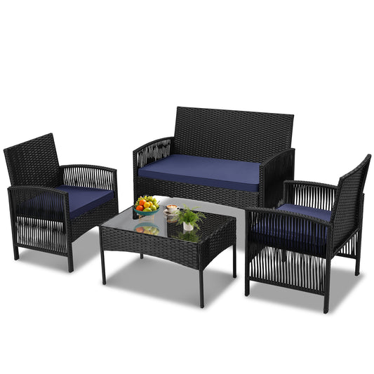 Patio Furniture Set, 4 Pieces Outdoor Rattan Conversation Sofa Set, All-Weather Wicker Patio Sets, Cushioned Sofa and Coffee Table for Garden Deck Courtyard, Navy