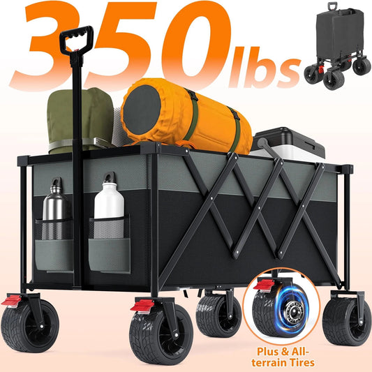 Segmart Folding Wagon Camp Cart, Outdoor Beach Wagon with Adjustable Handle & 2 Mesh Cup Holders, Utility Wagon Perfect for Camping, Beach, 350lbs, Black