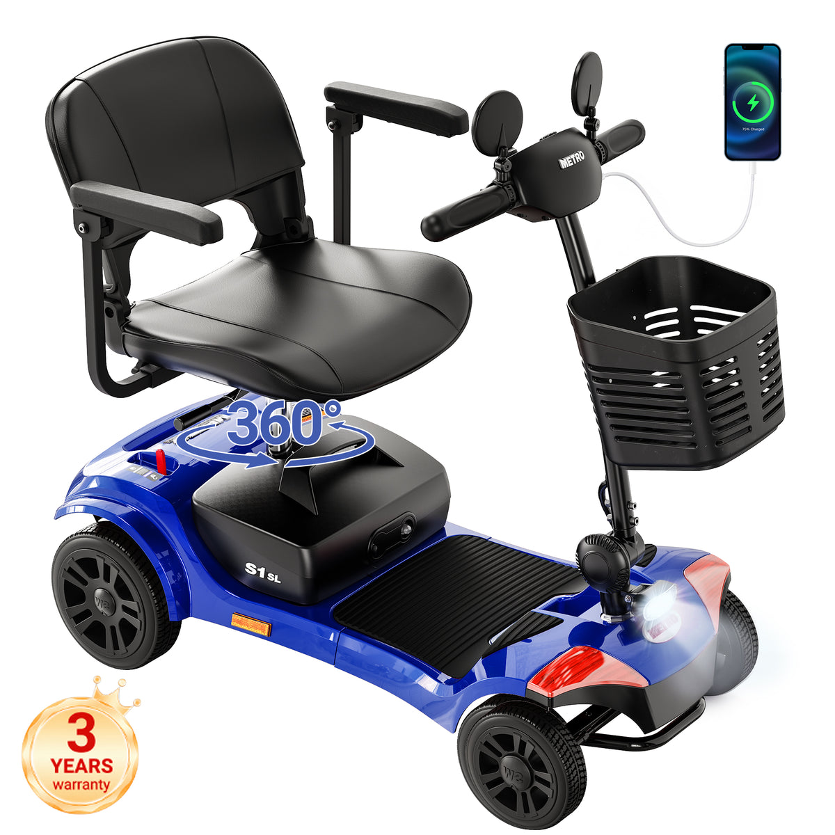 Mobility Scooter for Seniors, Segmart 4-Wheel Electric Scooter with Shock Absorption & Large Comfort Seat, 300W Foldable Senior Scooter with USB, LED Light, 300 lb Capacity, Blue