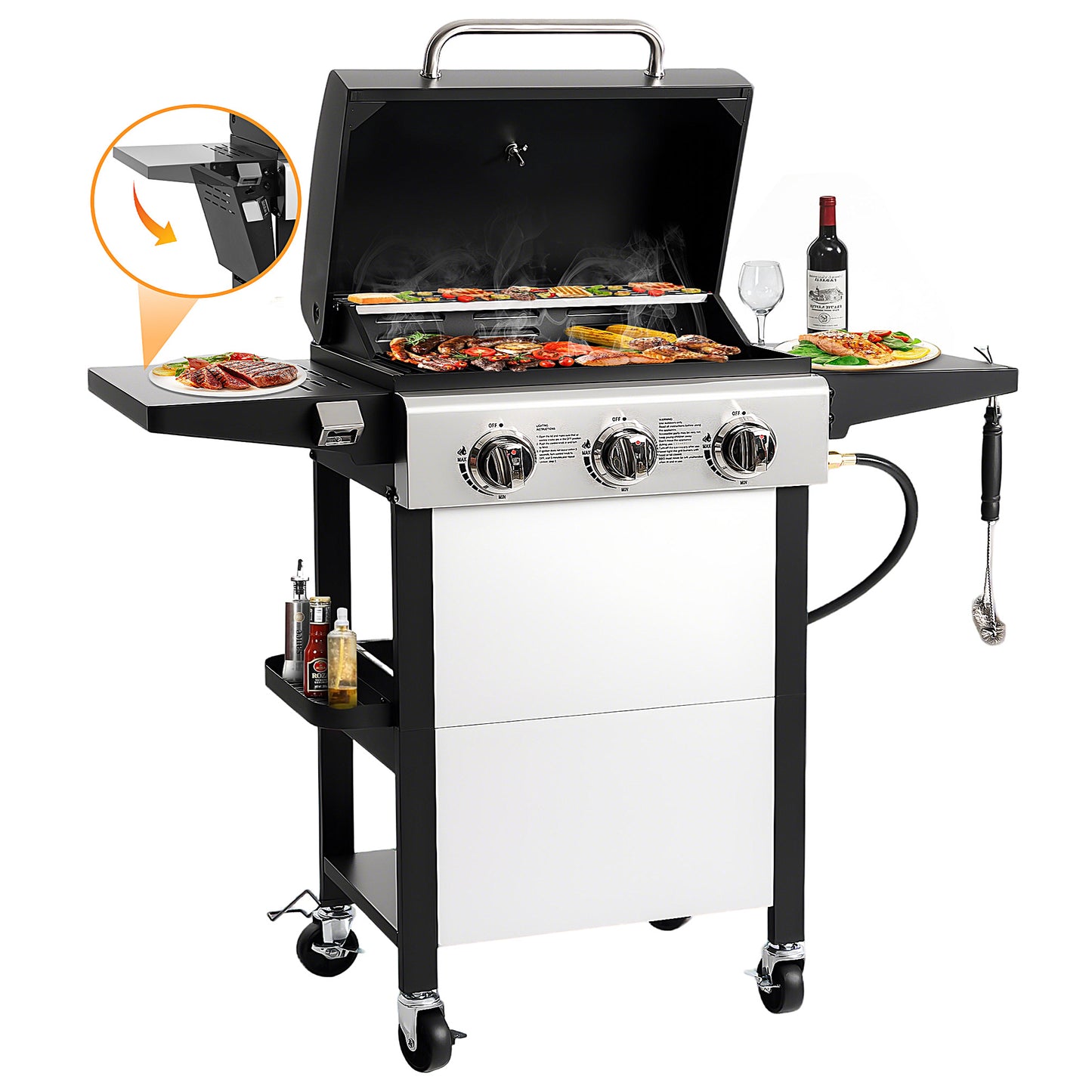 Segmart 3 Burner BBQ Propane Gas Grill, Stainless Steel 25,650 BTU Patio Garden Barbecue Grill with Folding Side Tables, Hanging Basket & Thermometer, Perfect for Camping, Outdoor Cooking