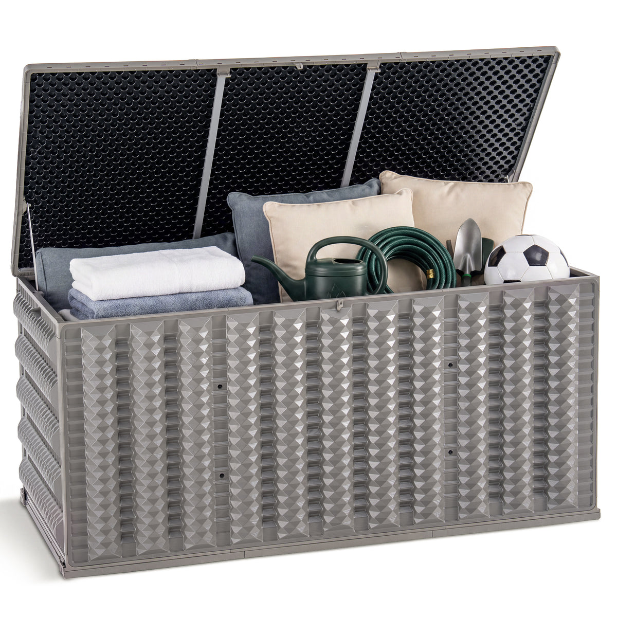 180 Gallon Resin Deck Box, Outdoor Storage Box for Patio Furniture Cushions, Garden Tools, Pool Supplies and Toys, Lockable Weather Resistant Storage Chest with UV Protection, Reinforced Construction, Built-in Wheels, Gray