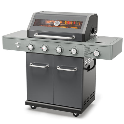 4-Burner Gas Grill and Griddle Combo with Side Burner, 50,000 BTU Propane BBQ Grill with Porcelain-Enameled Cast Iron Grates, Built-in Thermometer, Ideal for Patio Camping Outdoor Cooking